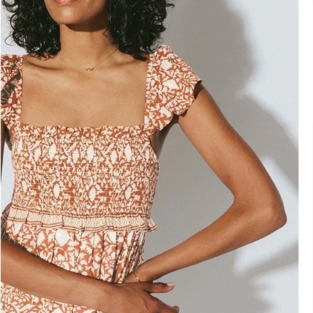 Cleobella Frida Smocked Boho Midi Dress Organic Cotton Pockets Size L - Picture 2 of 10
